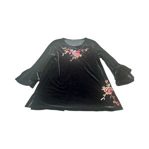 Caleesa Womens Black Velvet Floral‎ Embroidered Tunic Top Bell Sleeve Large